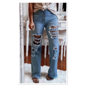 High-Waist Ripped Straight-Leg Jeans Distressed Denim NWT